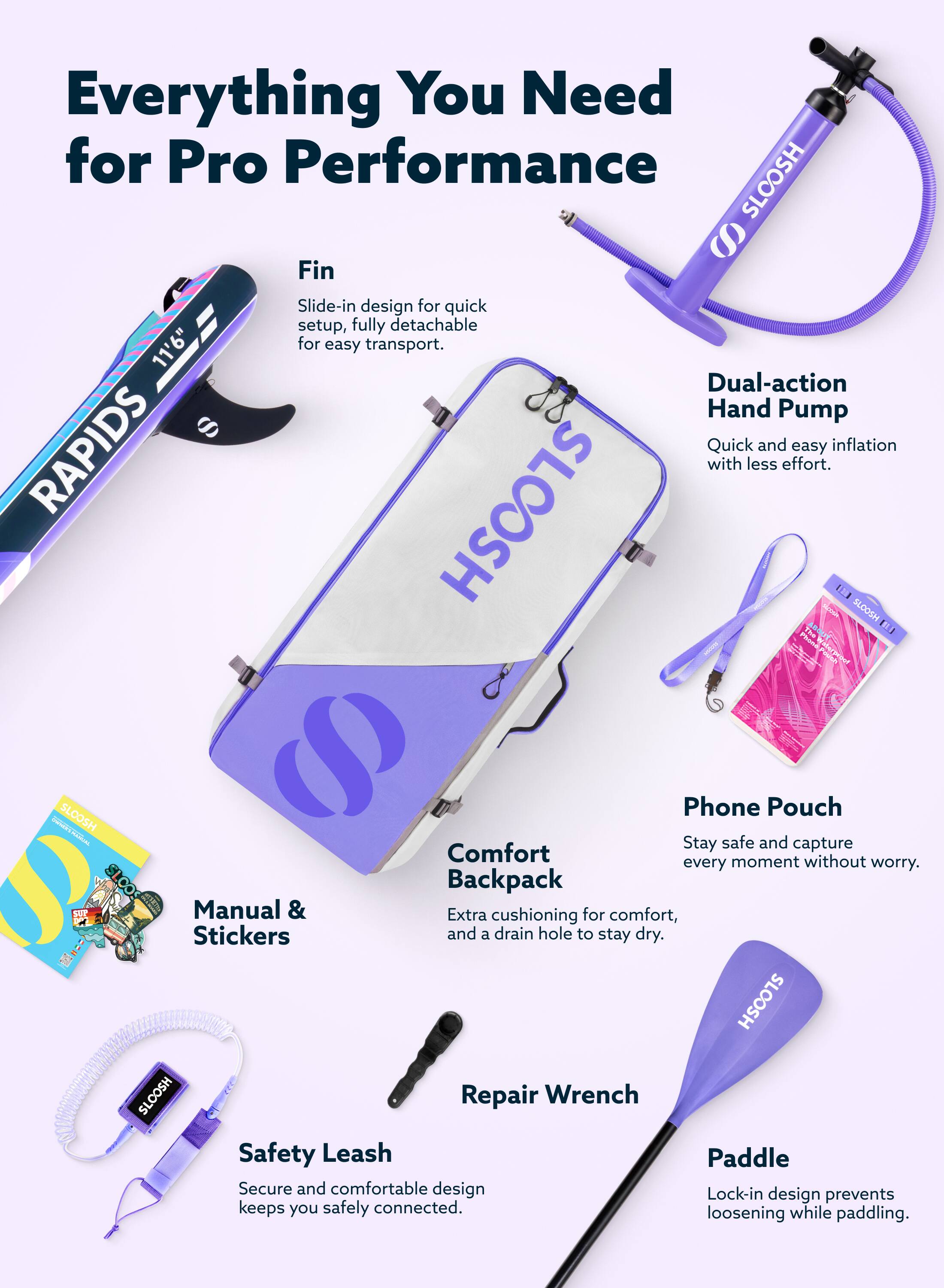 Everything You Need for Pro Performance

- Fin: Slide-in design for quick setup, fully detachable for easy transport.
- Dual-action Hand Pump: Quick and easy inflation with less effort.
- Phone Pouch: Stay safe and capture every moment without worry.
- Backpack: Manual & Extra cushioning for comfort, Stickers and a drain hole to stay dry.
- Safety Leash: Secure and comfortable design keeps you safely connected.
- Repair Wrench: Lock-in design prevents loosening while paddling.