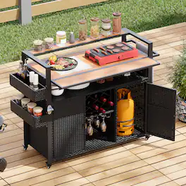 Chateau Abodes - Wicker Outdoor Grill Cart, 52.8" Rolling Kitchen Island with Extended Plastic Wood Top, Storage Cabinet - Black Brown