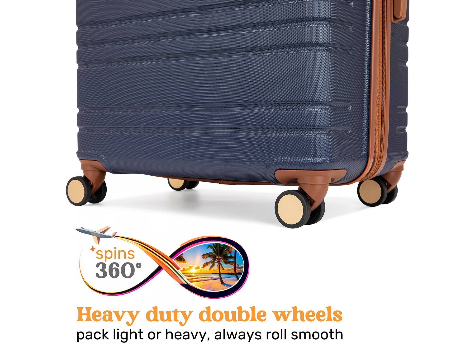 spins 360°, Heavy duty double wheels, pack light or heavy, always roll smooth