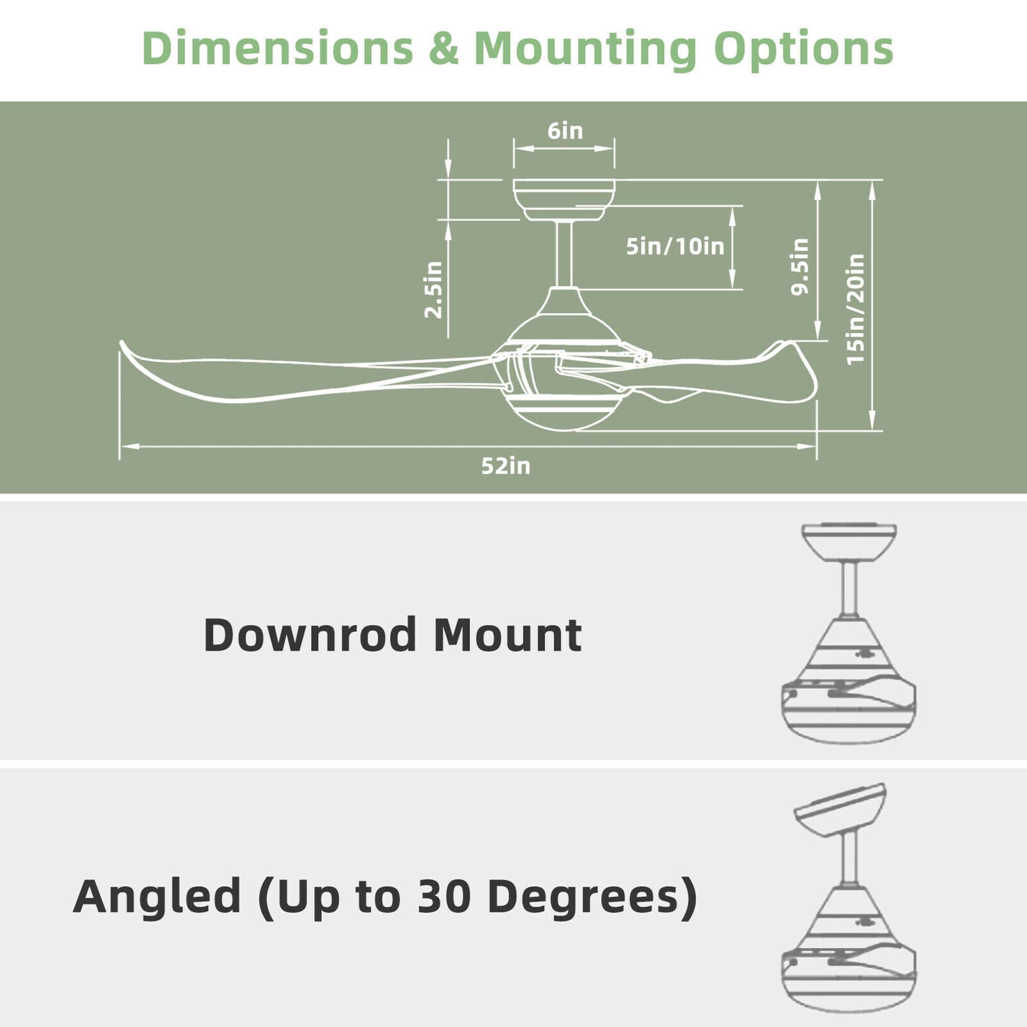 Dimensions & Mounting Options:

* 6in: 2.5in
* 5in/10in: 9.5in
* 15in/20in: 52in
* Downrod Mount: 6in
* Angled (Up to 30 Degrees): 52in