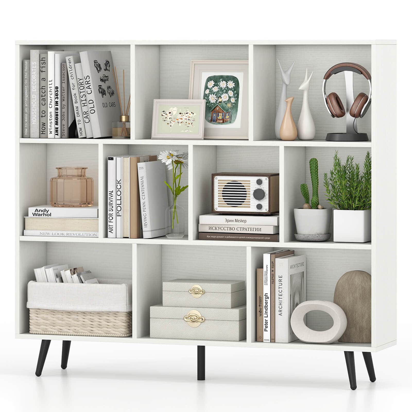 Costway - 10 Cube Bookcase 3-Tier Modern Storage Organizer with 5 Metal Legs Bookshelves - White,Black