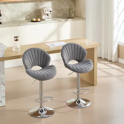 Front. Trinkets Crazed - Bar Stools Set of 2 - Adjustable Barstools with Back and Footrest, Counter Height Bar Chairs for Kitchen - Gray.