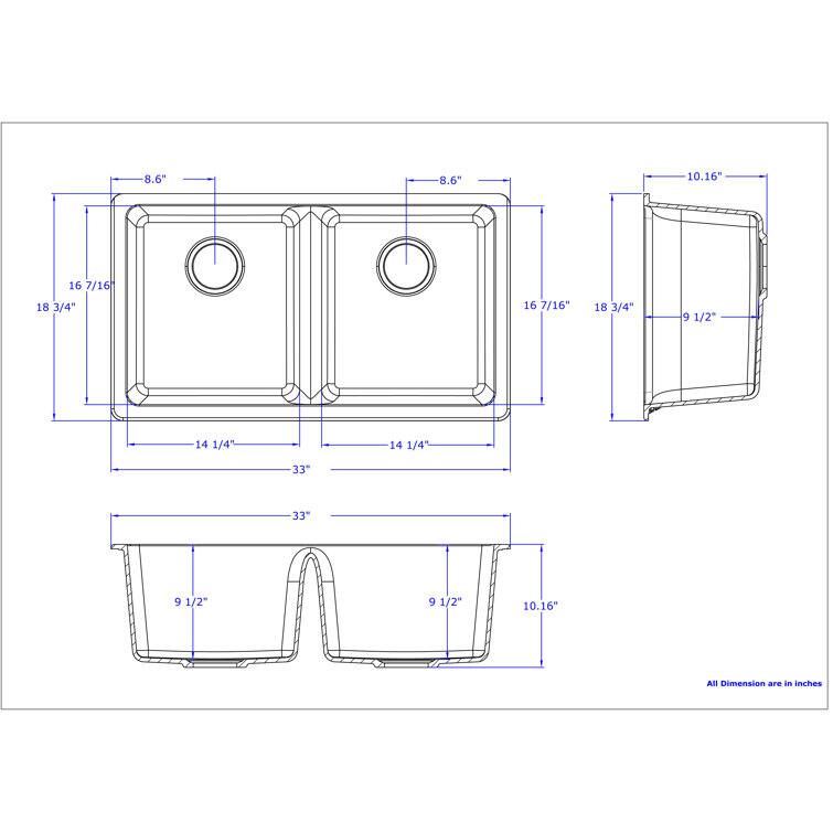 8.6"  
10.16"  
16 7/16"  
18 3/4"  
9 1/2"  
14 1/4"  
33"  
All dimensions are in inches