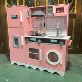 Lil' Jumbl - Large Kids Kitchen Set, Wooden Pretend Play Kitchen with Icemaker, Microwave & More - Pink