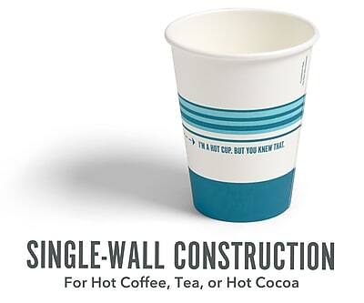 Sure, here is the corrected and grouped text:

---

**SINGLE-WALL CONSTRUCTION**

For Hot Coffee, Tea, or Hot Cocoa

---

**"I'M A HOT CUP. BUT YOU KNOW THAT."**