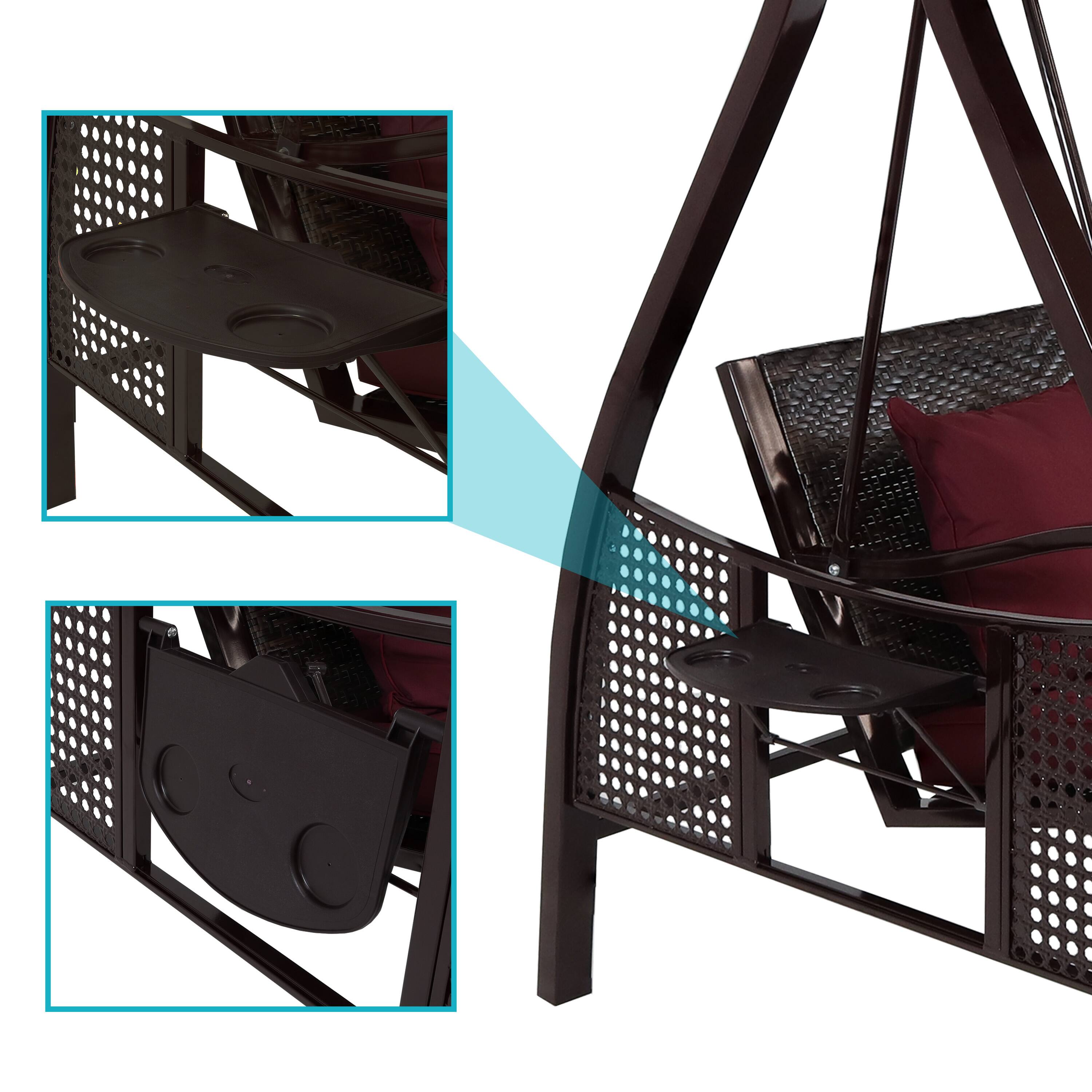 Alt View 4. Sunnydaze - 3-Person Steel Patio Swing Bench with Side Tables/Canopy - Dark Red.