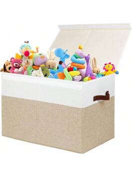 Live At Space - Large Storage Box with Lid, Sturdy Toys Storage Chest Bin Organizer Basket with Dividers, Boys, Girls, Nursery, Closet - Beige