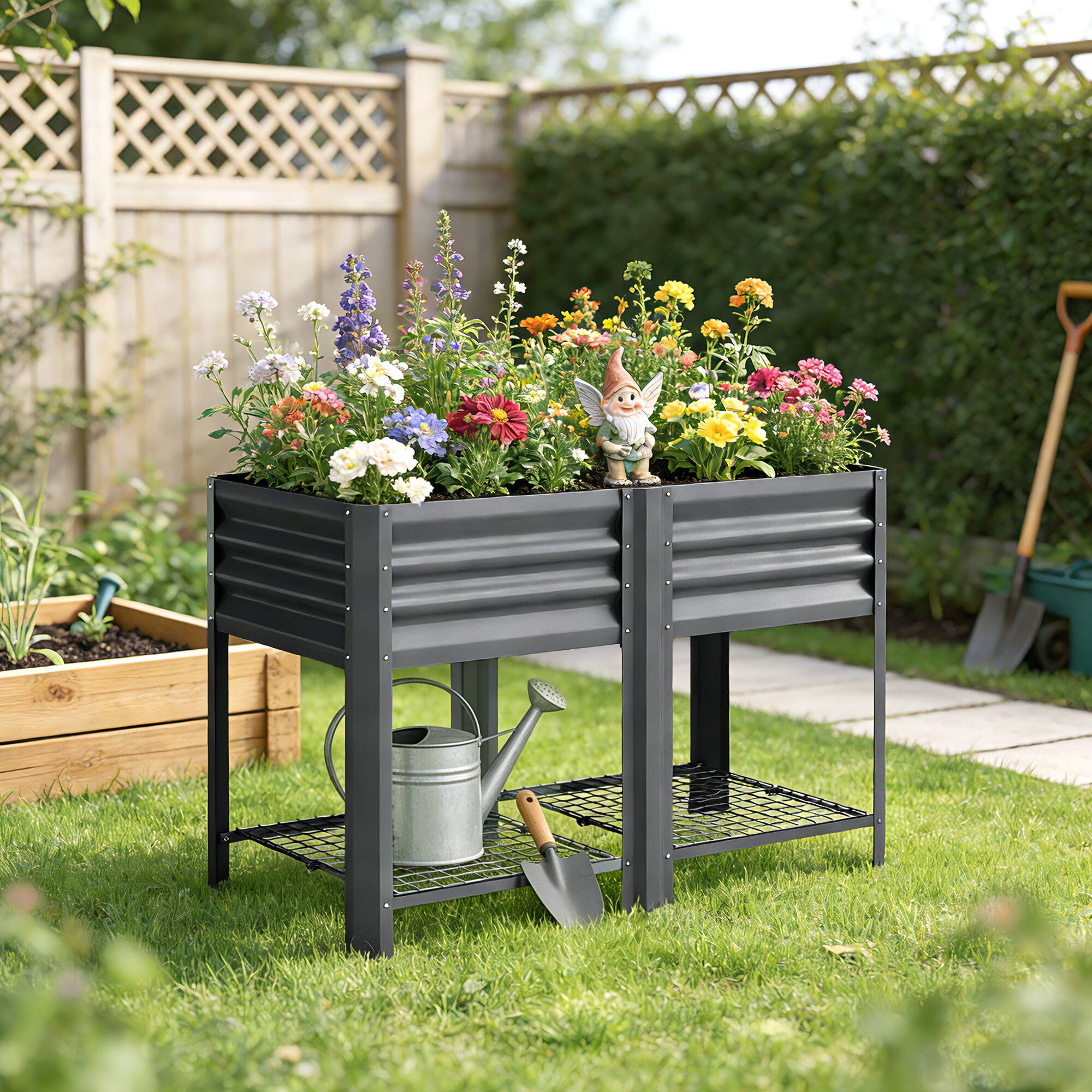 Alt View 8. Outsunny - Garden Bed Galvanized Steel, Elevated Planter Box with Storage Shelf, Bed Liner, 31.5" High - Dark Gray.