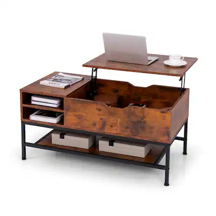 Front. Gymax - Gymax Lift Top Coffee Table w/ Hidden Compartment & Removable Storage Shelf Metal Frame - Rustic Brown.