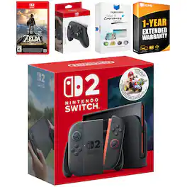 Switch 2 + Mario Kart World Bundle with Zelda Breath of the Wild, Pro Controller, MightySkins Code and 1 CPS - Nintendo Switch 2