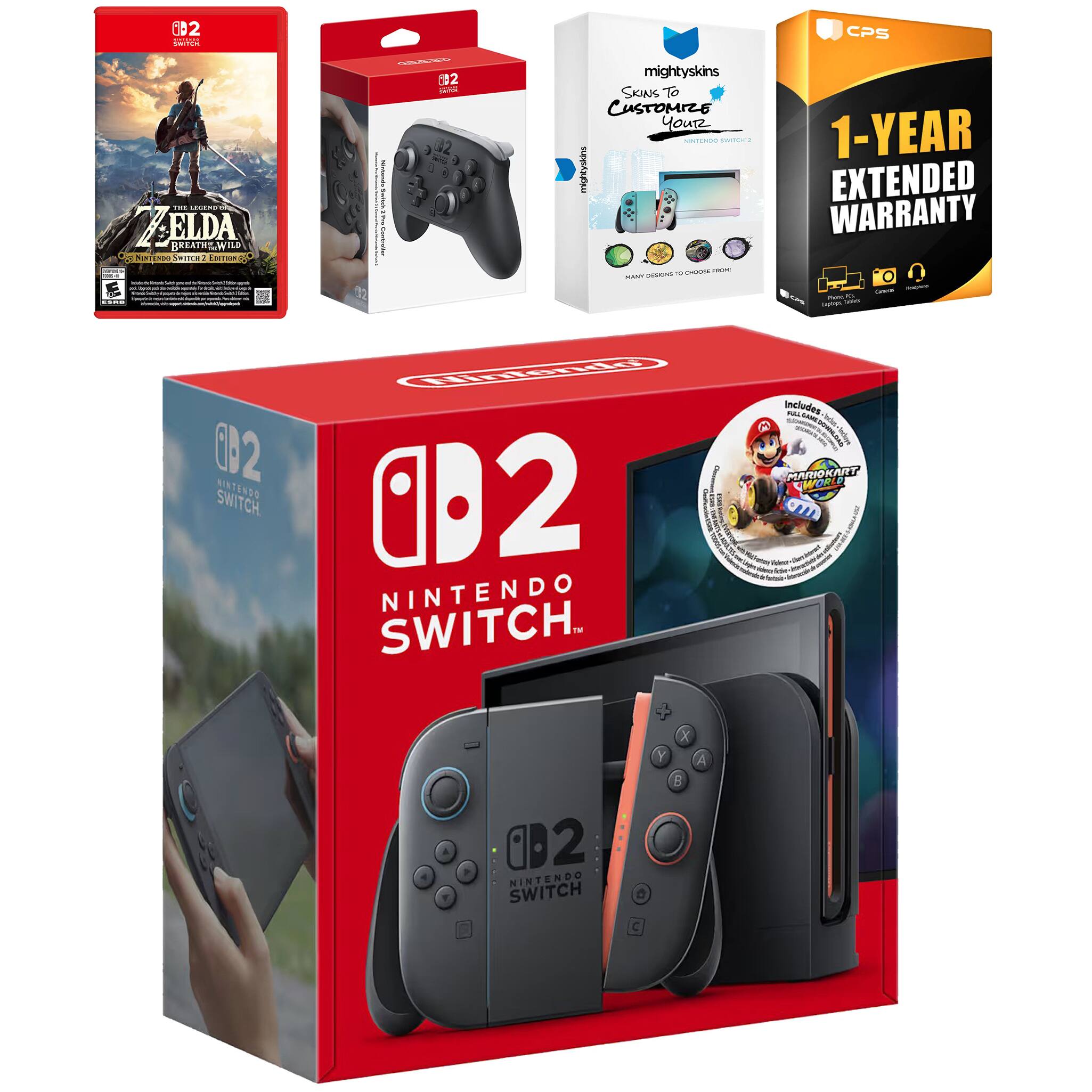- **Nintendo Switch OLED Model**
- Includes: Mario Kart 8 Deluxe
- 1-Year Extended Warranty
- Mightyskins Skins to Customize Your Nintendo Switch
- Nintendo Switch Pro Controller
- **The Legend of Zelda: Breath of the Wild**
- Nintendo Switch Edition
- **CPS 1-Year Extended Warranty**