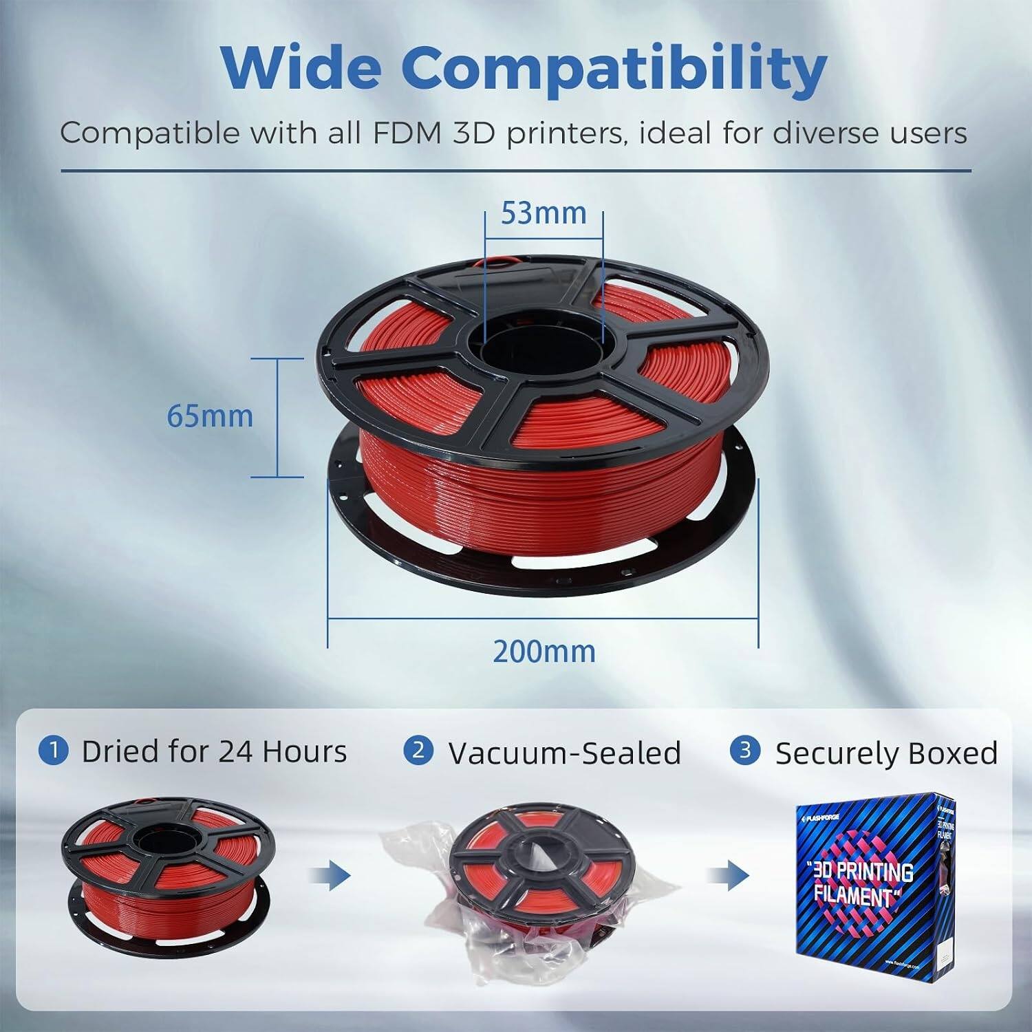 Wide Compatibility  
Compatible with all FDM 3D printers, ideal for diverse users

53mm  
65mm  
200mm

1. Dried for 24 Hours  
2. Vacuum-Sealed  
3. Securely Boxed

(MASHPORGE  
3D PRINTING FILAMENT)