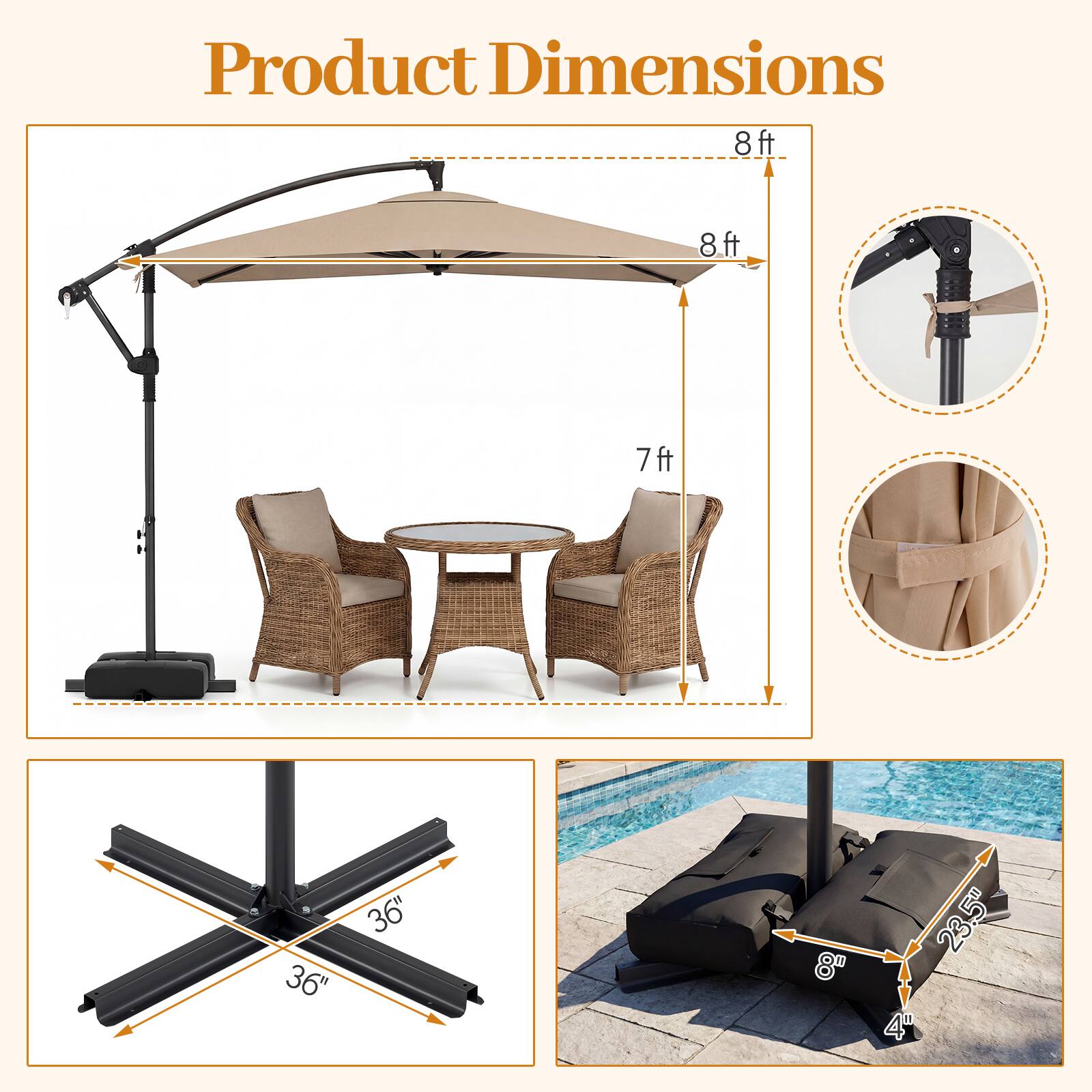 Product Dimensions: 8ft, 8ft, 7ft, 36", 36", 8", 23.5", 4"