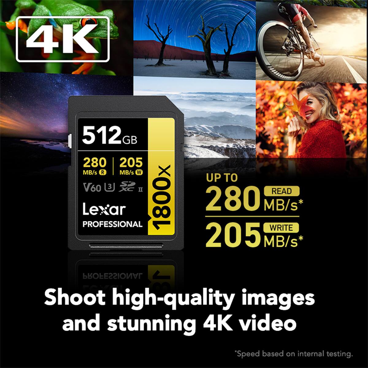 4K

512GB

280 MB/s R

205 MB/s W

UP TO

280 MB/s* READ

205 MB/s* WRITE

V60

XC II

Lexar PROFESSIONAL

1800x

Shoot high-quality images and stunning 4K video

*Speed based on internal testing.