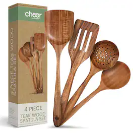 Cheer Collection - Four Piece Wood Spatula Set for Cooking Stirring Flipping Mixing and Daily Meal Pre - Brown