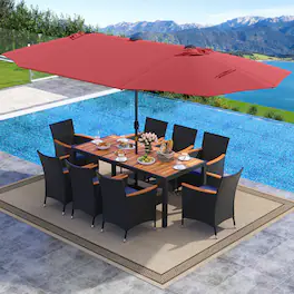 Gymax - 11 PCS Patio Dining Set w/ 15ft Double-Sided Patio Umbrella (Base Included) - Wine