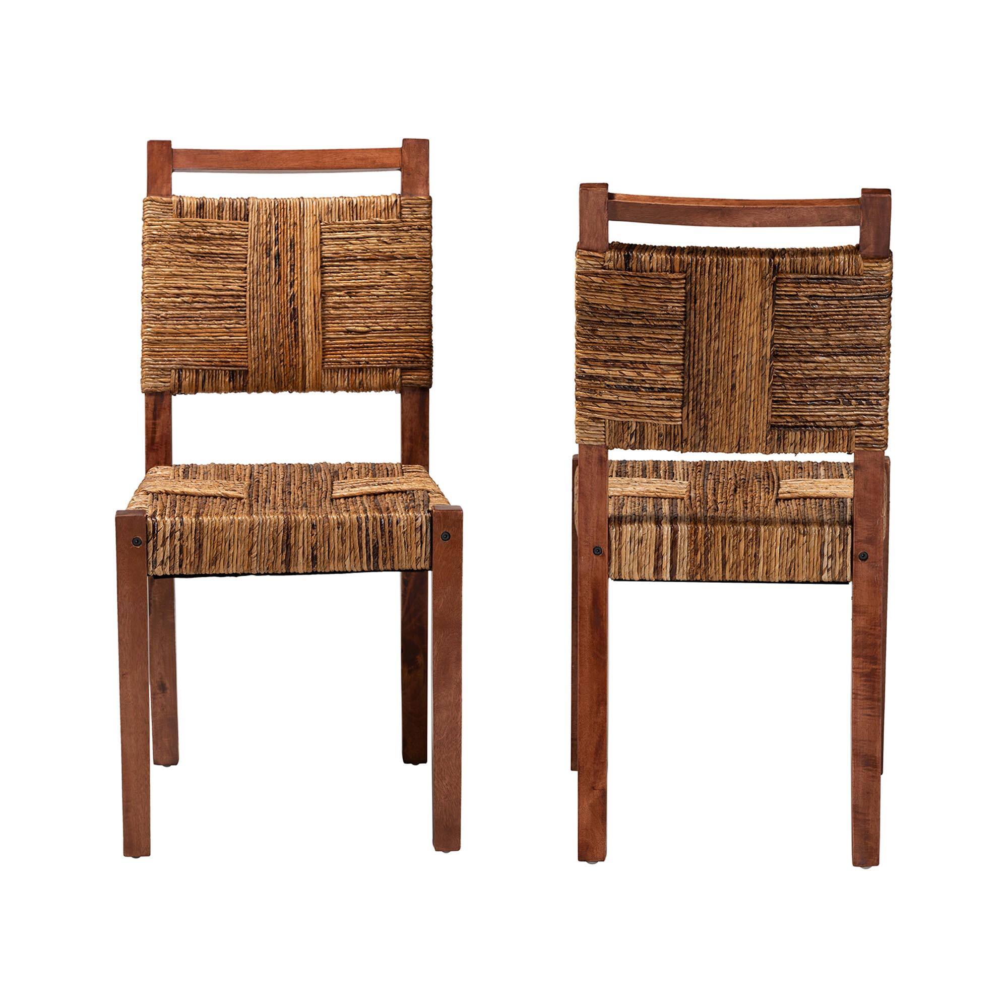 Angle. bali & pari - Chabela Handwoven Seagrass Dining Chair Set of 2- Solid Mango Wood Frame with Woven Seat and Backrest, Rustic Boho Style - Natural Brown/Light Brown.
