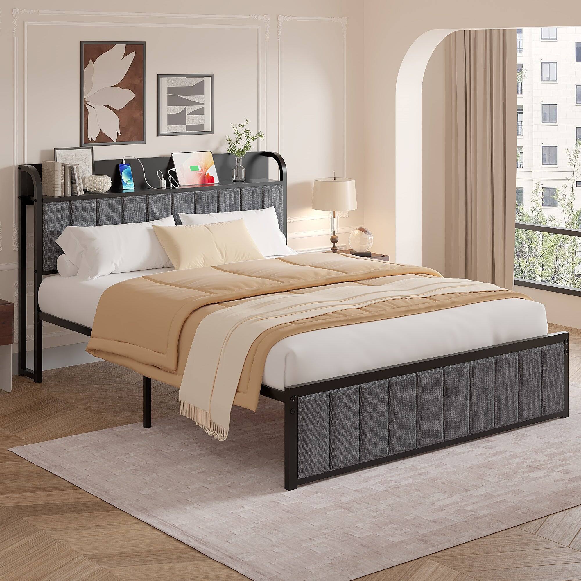 Alt View 1. Vecelo - Full Bed Frame with Charging Station, Storage Headboard Shelf, Metal Platform Bed with Underbed Storage - Grey.