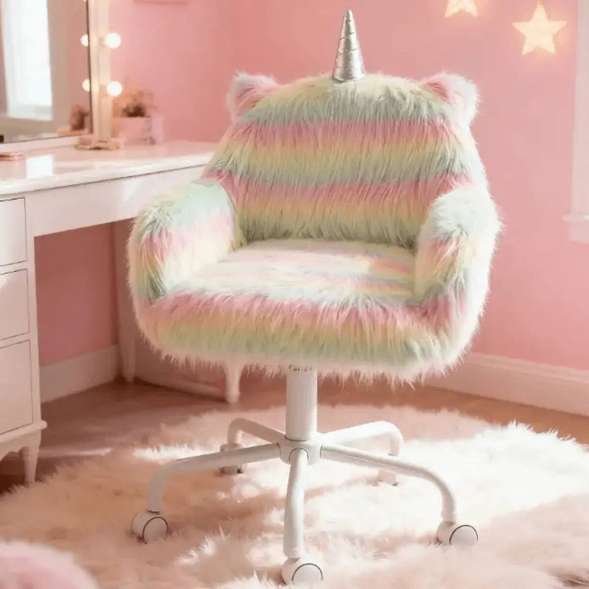 Alt View 4. Rainbow - Fuzzy Unicorn Desk Chair - Plush & Swivel Kids Office Seat - Floral; pink.