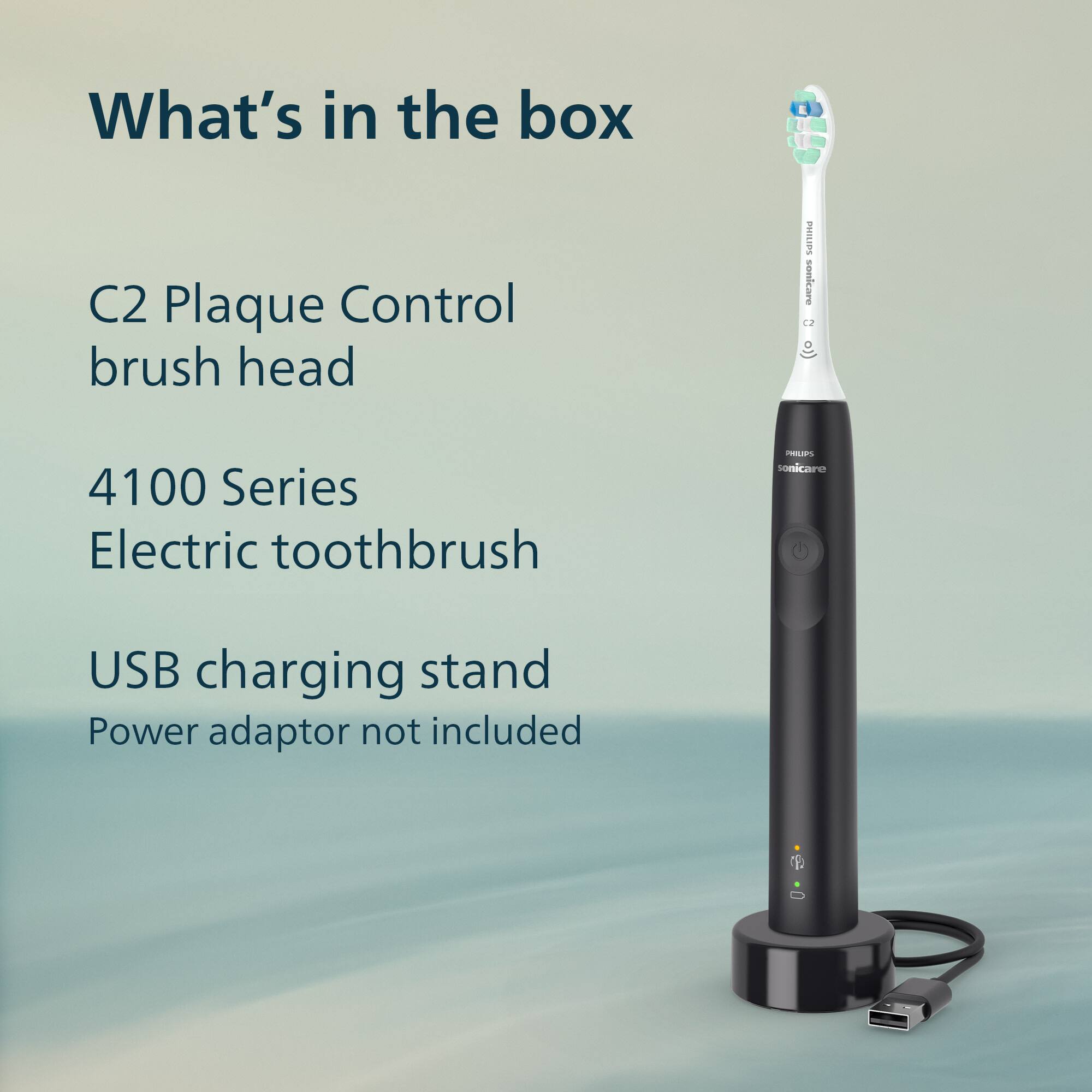 What's in the box

C2 Plaque Control brush head

4100 Series Electric toothbrush

USB charging stand

Power adaptor not included