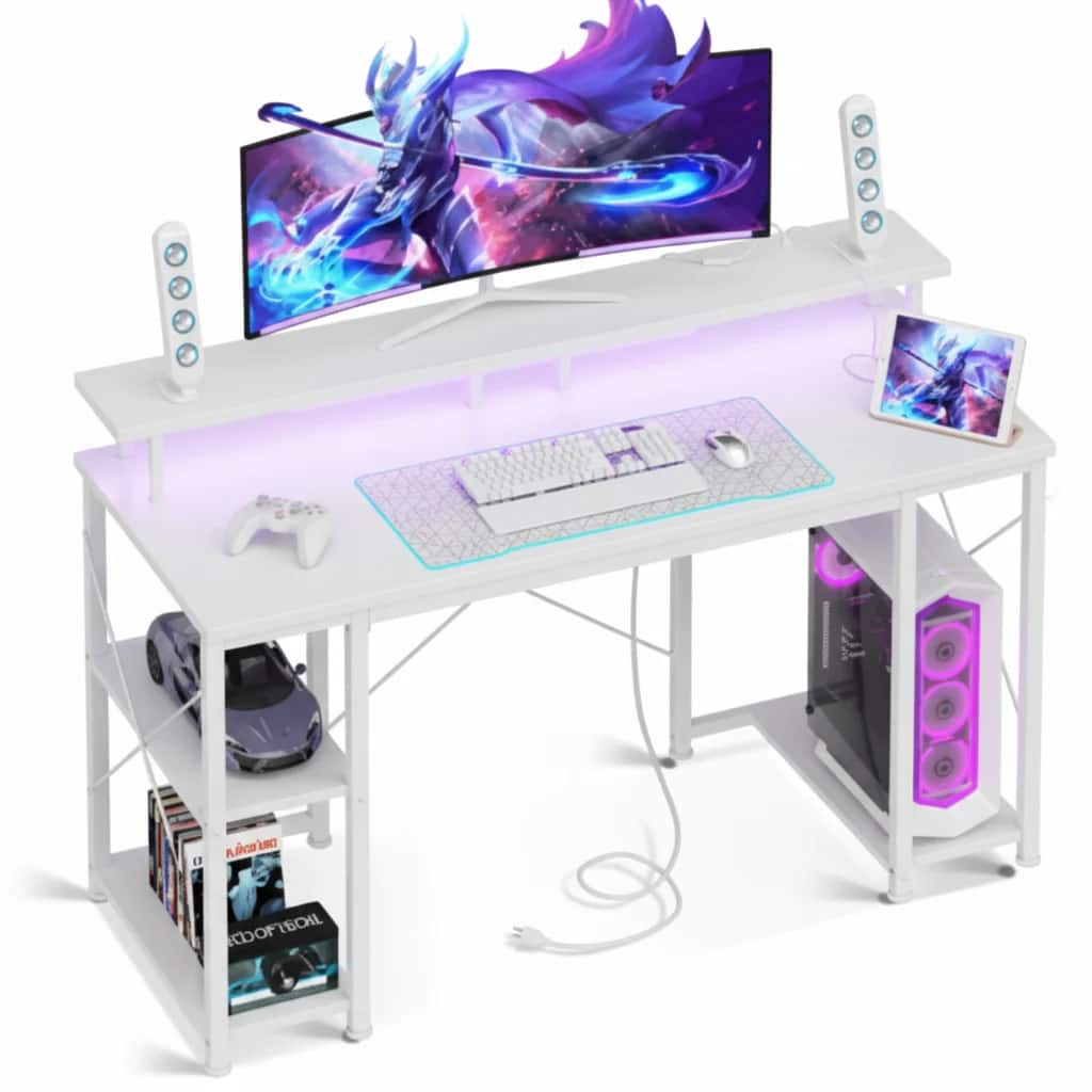 Anysun - 48" Gaming Desk with LED Lighting & Power Socket - Monitor Stand, App Control & Headphone Hook - White
