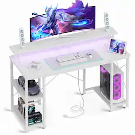 Anysun - 48" Gaming Desk with LED Lighting & Power Socket - Monitor Stand, App Control & Headphone Hook - White