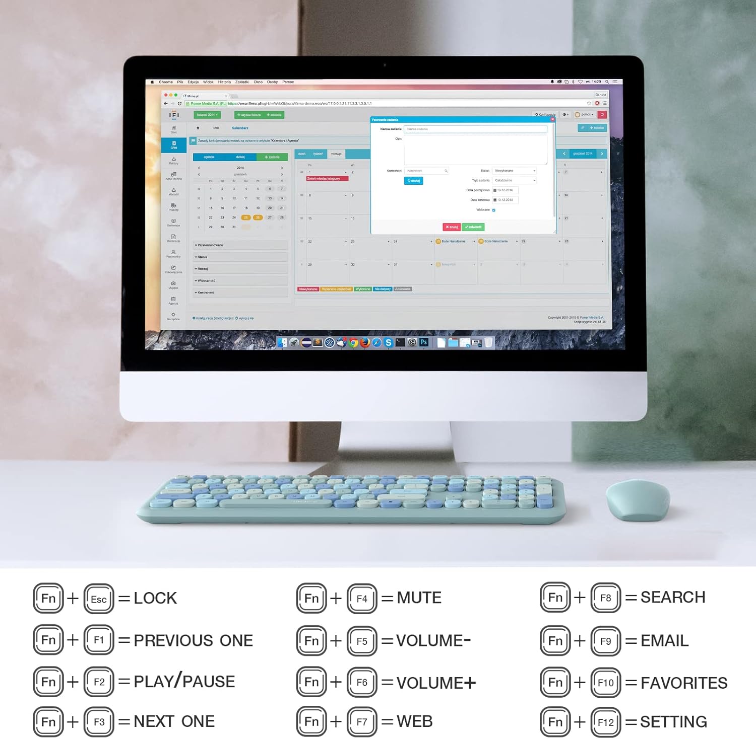 - Fn + Esc = LOCK
- Fn + F1 = PREVIOUS ONE
- Fn + F2 = PLAY/PAUSE
- Fn + F3 = NEXT ONE
- Fn + F4 = MUTE
- Fn + F5 = VOLUME-
- Fn + F6 = VOLUME+
- Fn + F7 = WEB
- Fn + F8 = SEARCH
- Fn + F9 = EMAIL
- Fn + F10 = FAVORITES
- Fn + F12 = SETTING