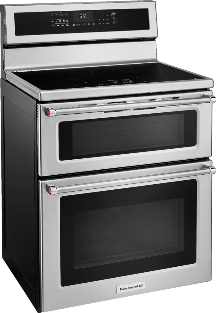 Angle View: KitchenAid - 6.7 Cu. Ft. Self-Cleaning Freestanding Double Oven Electric Induction Convection Range - Stainless steel