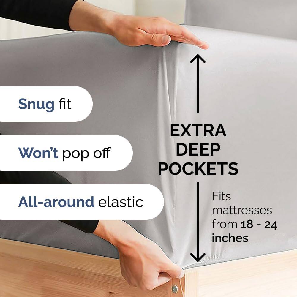 Snug fit  
Won't pop off  
EXTRA DEEP POCKETS  
All-around elastic  
Fits mattresses from 18 - 24 inches