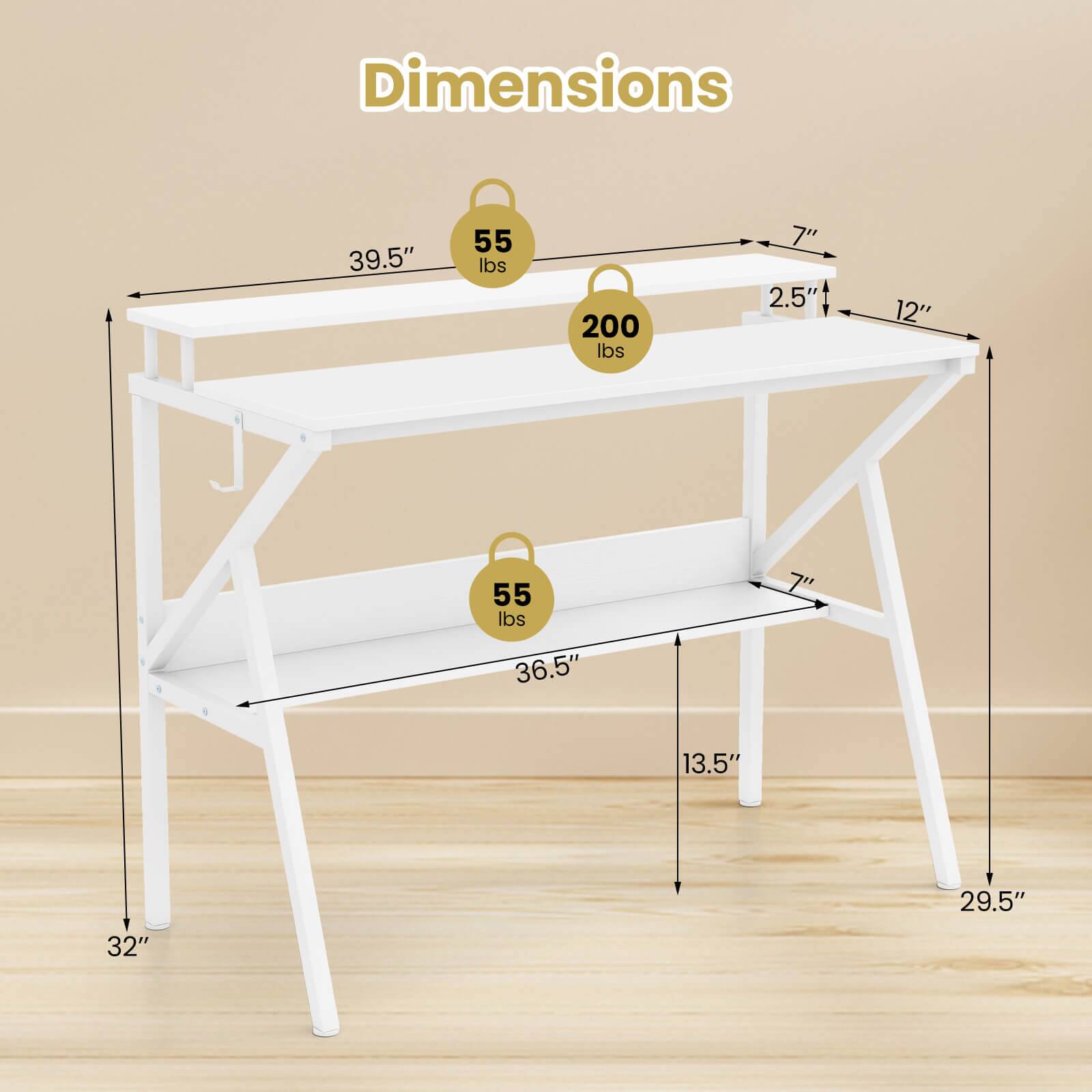 Dimensions:  
- Length: 39.5"  
- Width: 12"  
- Height: 32"  
- Seat Height: 13.5"  
- Seat Depth: 36.5"  
- Back Height: 7"  
- Back Width: 2.5"  
- Weight Capacity: 200 lbs  
- Shelf Weight Capacity: 55 lbs