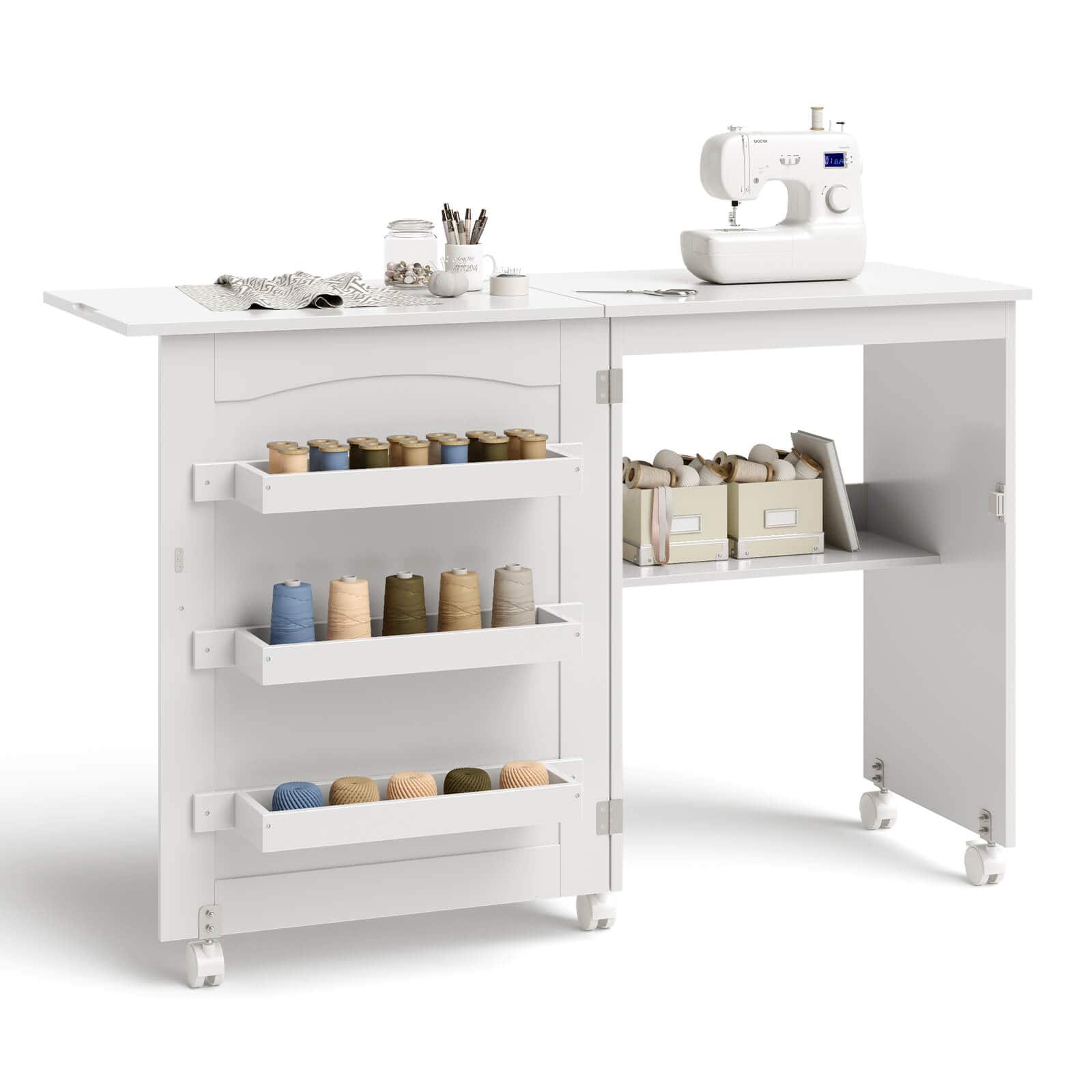 Glintex - 41" Mobile Cart with Storage Cabinet, Spice Rack, Towel Rack, Drawer and Wheels - White