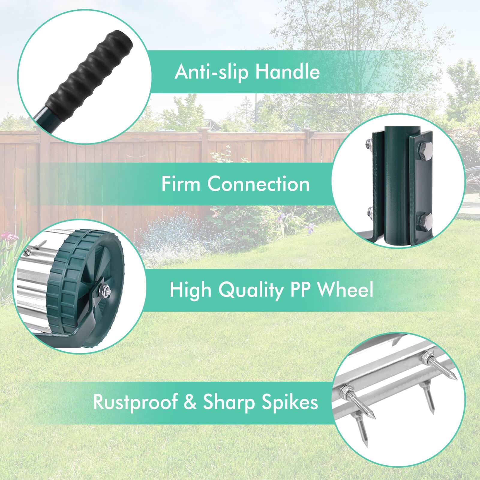 Anti-slip Handle, Firm Connection, High Quality PP Wheel, Rustproof & Sharp Spikes