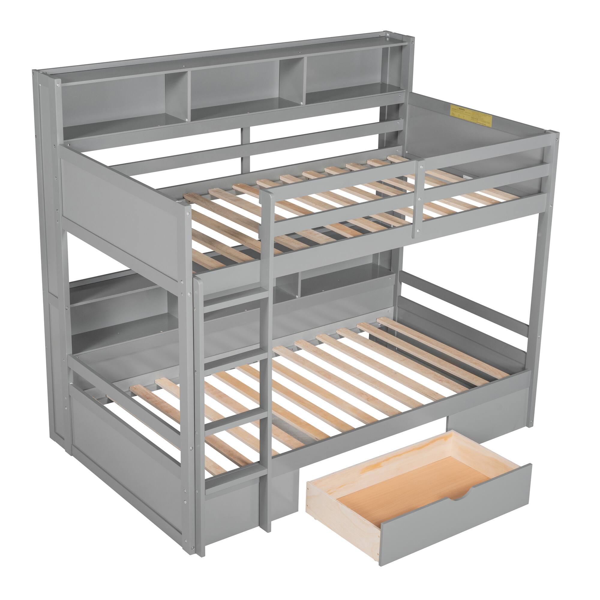 Alt View 2. Anysun - Twin Size Bunk Bed with Built-in Shelves & Storage Drawer, Space-Saving Wooden Bunk Bed for Kids or Dorm Room - Gray.