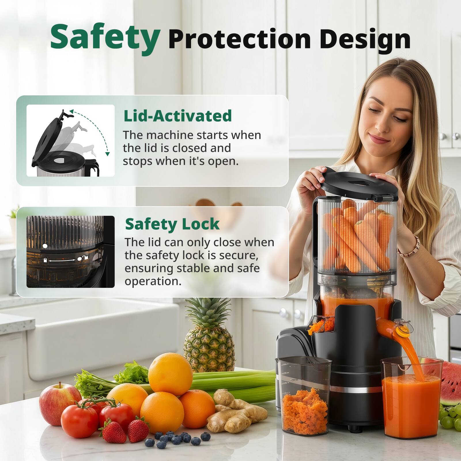 Safety Protection Design

Lid-Activated  
The machine starts when the lid is closed and stops when it's open.

Safety Lock  
The lid can only close when the safety lock is secure, ensuring stable and safe operation.