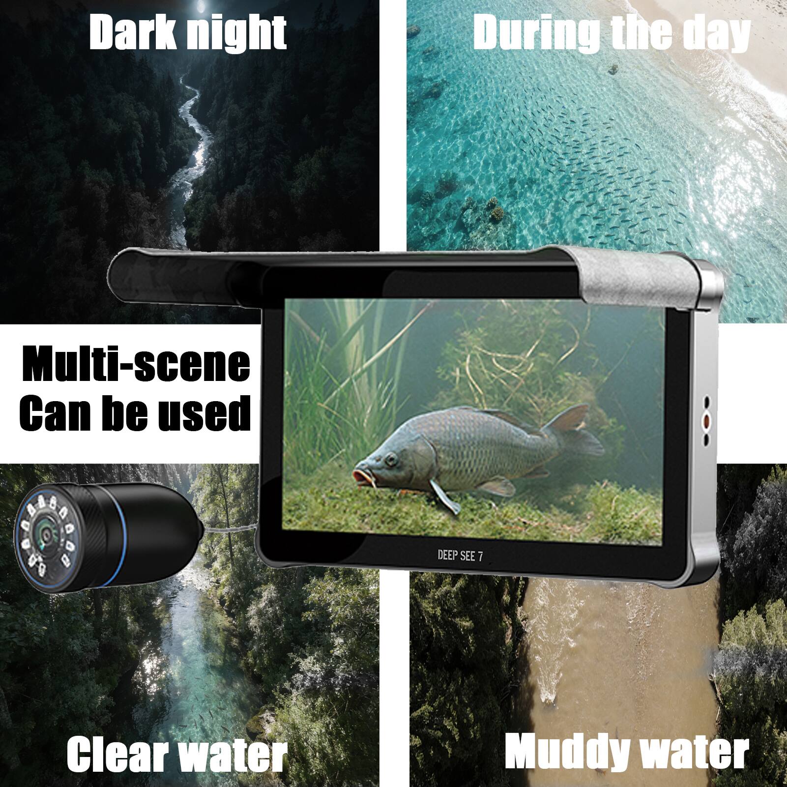 Dark night  
During the day  
Multi-scene  
Can be used  
DEEP SEE 7  
Clear water  
Muddy water