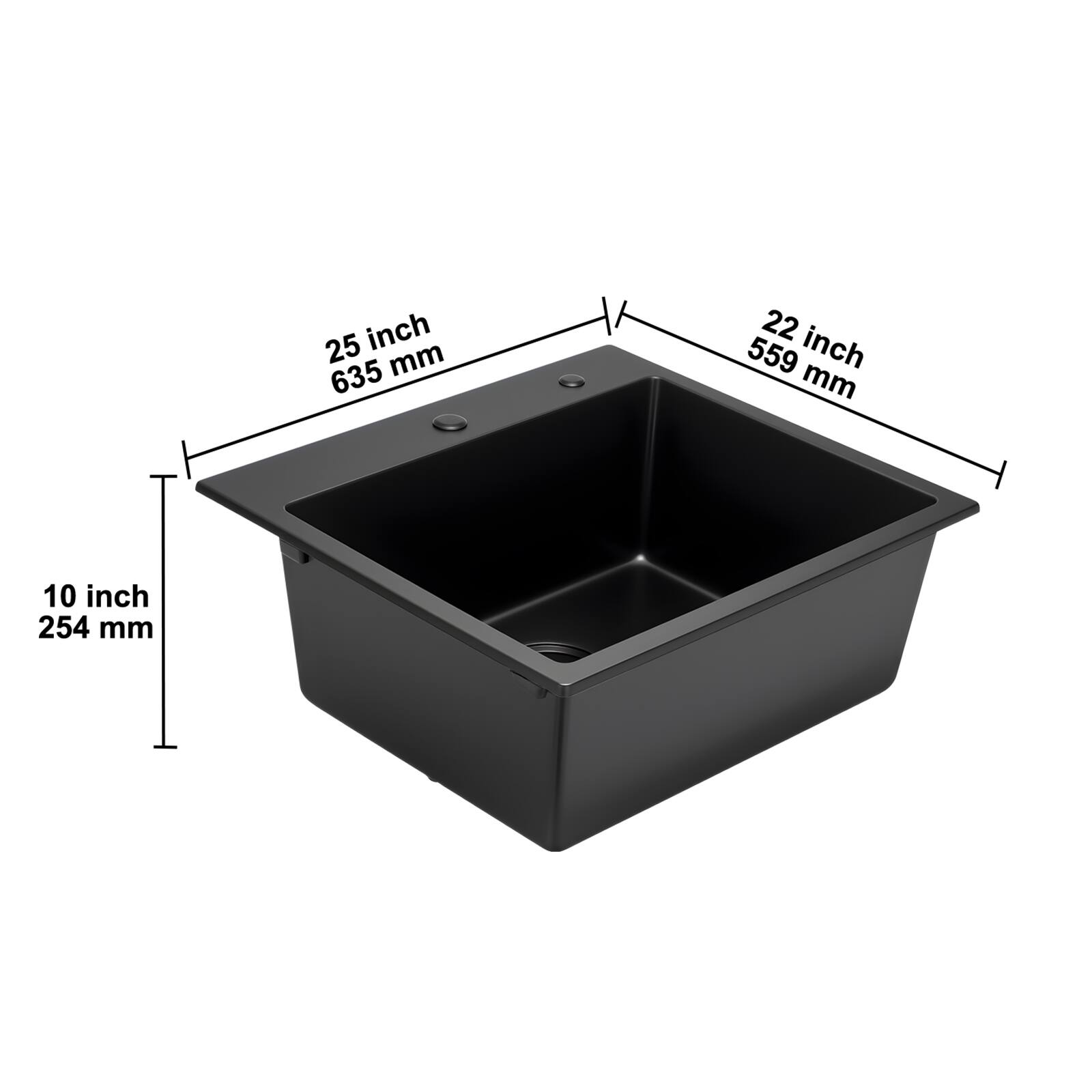 25 inch 635 mm  
22 inch 559 mm  
10 inch 254 mm