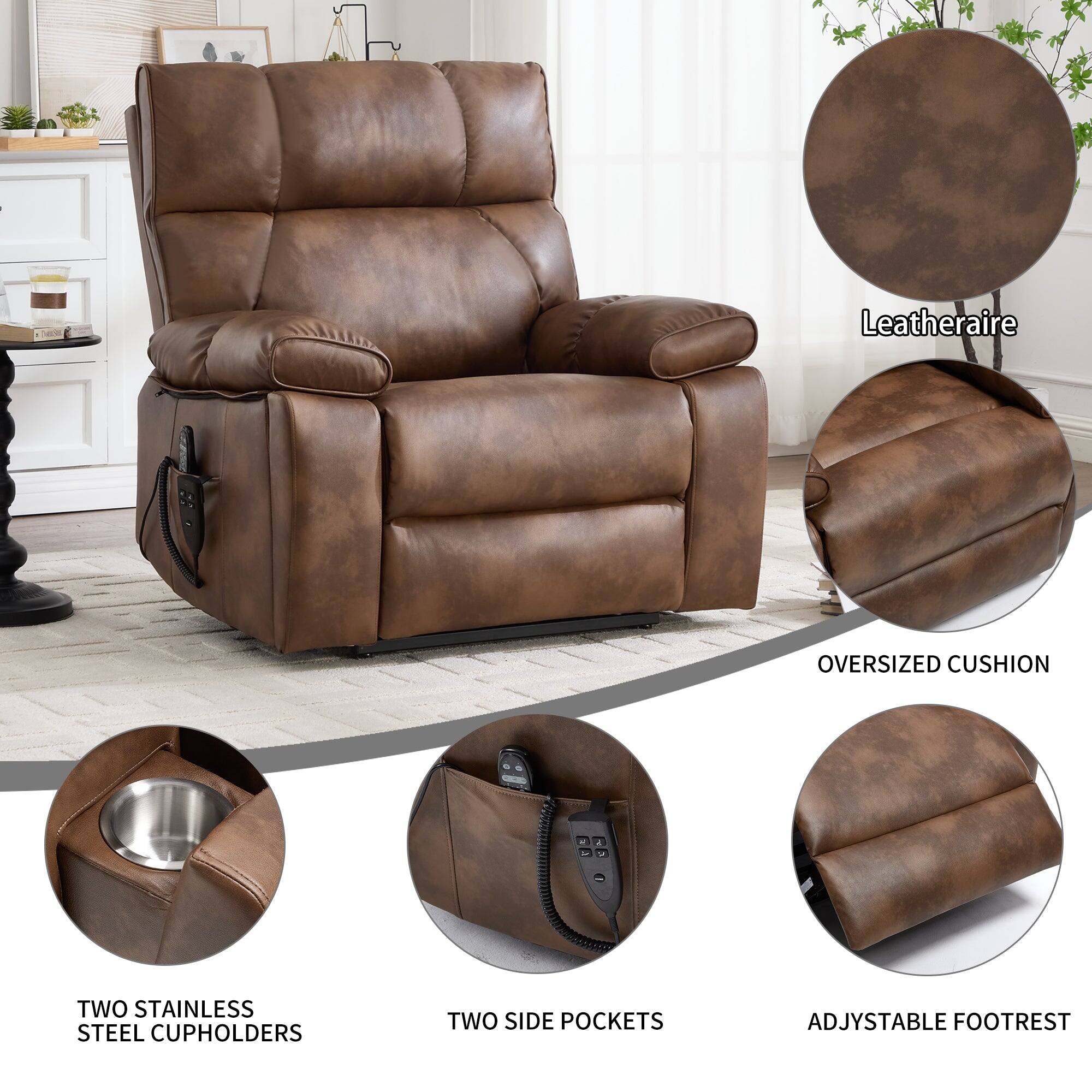 Leatheraire  
OVERSIZED CUSHION  
TWO STAINLESS STEEL CUPHOLDERS  
TWO SIDE POCKETS  
ADJUSTABLE FOOTREST