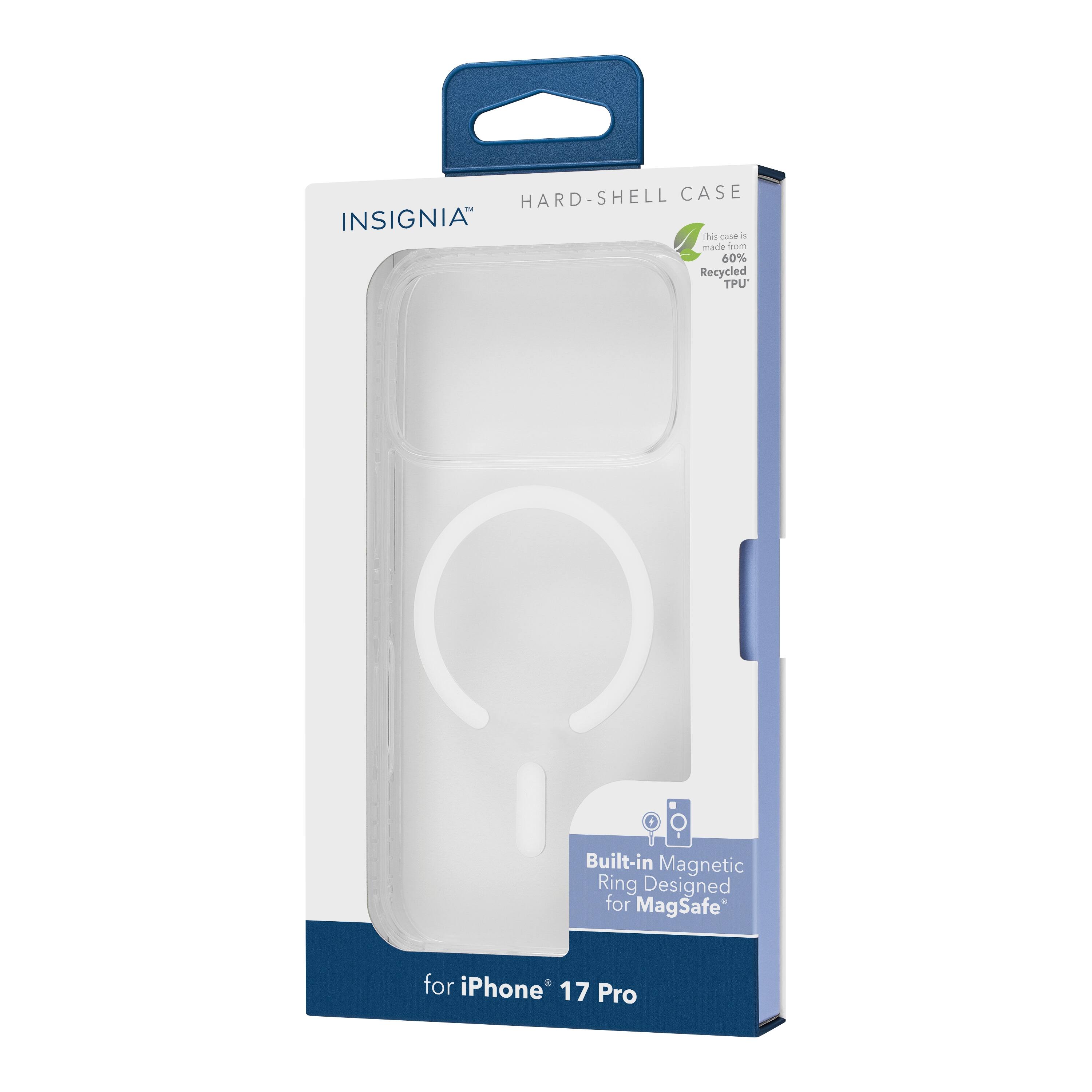 HARD-SHELL CASE  
INSIGNIA™  

This case is made from 60% Recycled TPU  

Built-in Magnetic Ring Designed for MagSafe  

for iPhone 17 Pro
