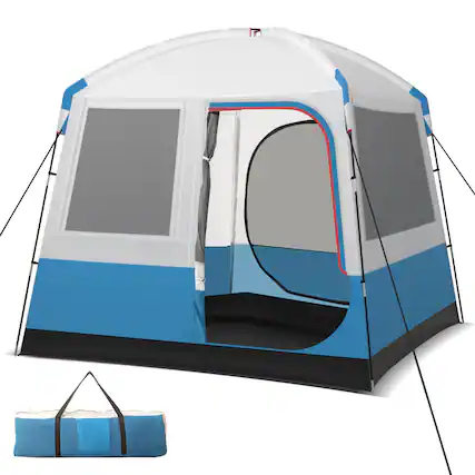 Front. Costway - Camping Tent for 3-5 People Cabin Shelter w/ Large Double-Layer Mesh Front Door - Blue +White.