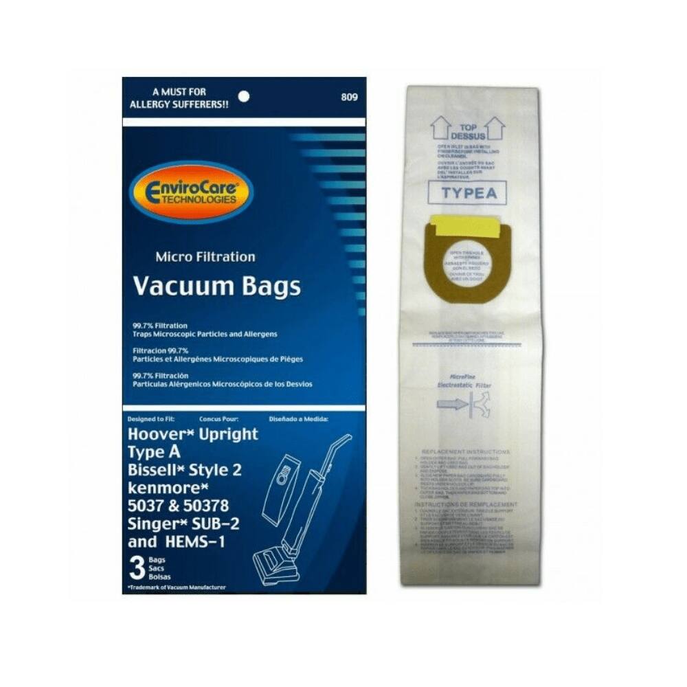 A MUST FOR ALLERGY SUFFERERS!!  
809 TOP DESSUS EnviroCare TECHNOLOGIES TYPE A Micro Filtration Vacuum Bags  
99.7% Filtration Traps Microscopic Particles and Allergens  
Filtracion 99.7% Particulas et Allergenes Microscopiques de Piges  
99.7% Filtracion Particulas Alergenicos Microscpicos de los Desvios  

Electrostatic Filter Designed to Fit:  
Conçu Pour:  
Diseñado para:  

Hoover* Upright Type A  
Bissell* Style 2  
Kenmore* 5037 & 50378  
Singer* SUB-2 and HEMS-1  

3 Bags  
3 Bolsas  
3 Sacs  

*Trademark of Vacuum Manufacturer