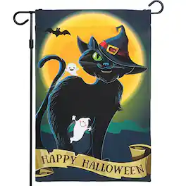 G128 - Halloween Garden Flag Black Cat Happy Halloween Quote 150D Polyester 12x18 Inch - Assorted Colors