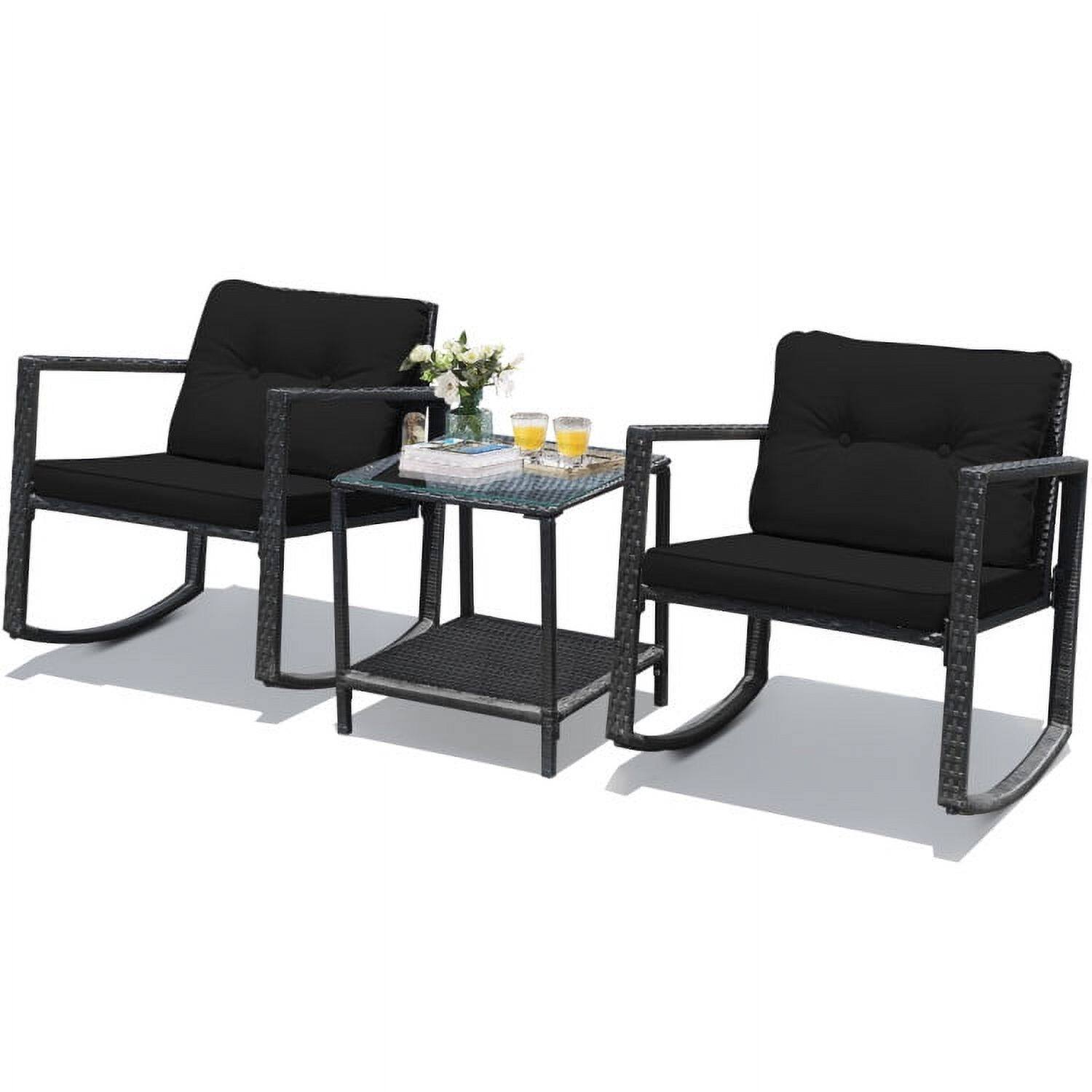 Left. Pefilos - 3 Piece Rocking Bistro Set with Cushioned Sofa , Outdoor Furniture with Rocker Chairs and Coffee Table Set of 3 - Black.