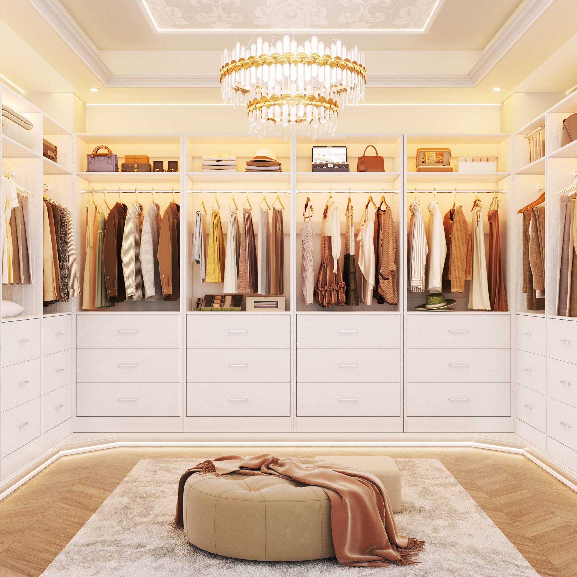 Left. Aheaplus - Set of 4 Heavy Duty 96" Walk-In Closet with 12 Wood Drawers, 4 Rods & 4 Shelves - White.