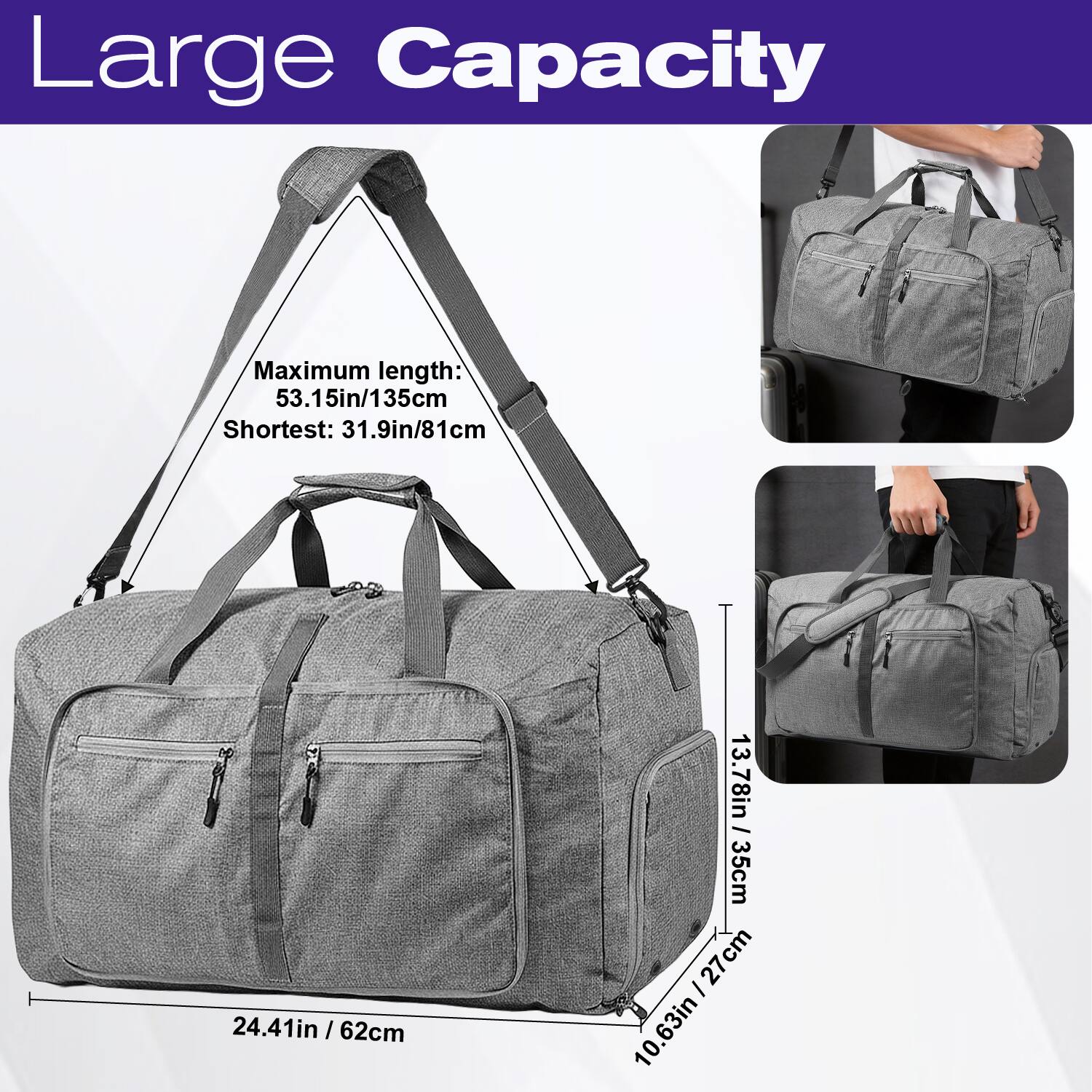 Large Capacity

Maximum length: 53.15in / 135cm  
Shortest: 31.9in / 81cm

24.41in / 62cm  
13.78in / 35cm  
10.63in / 27cm