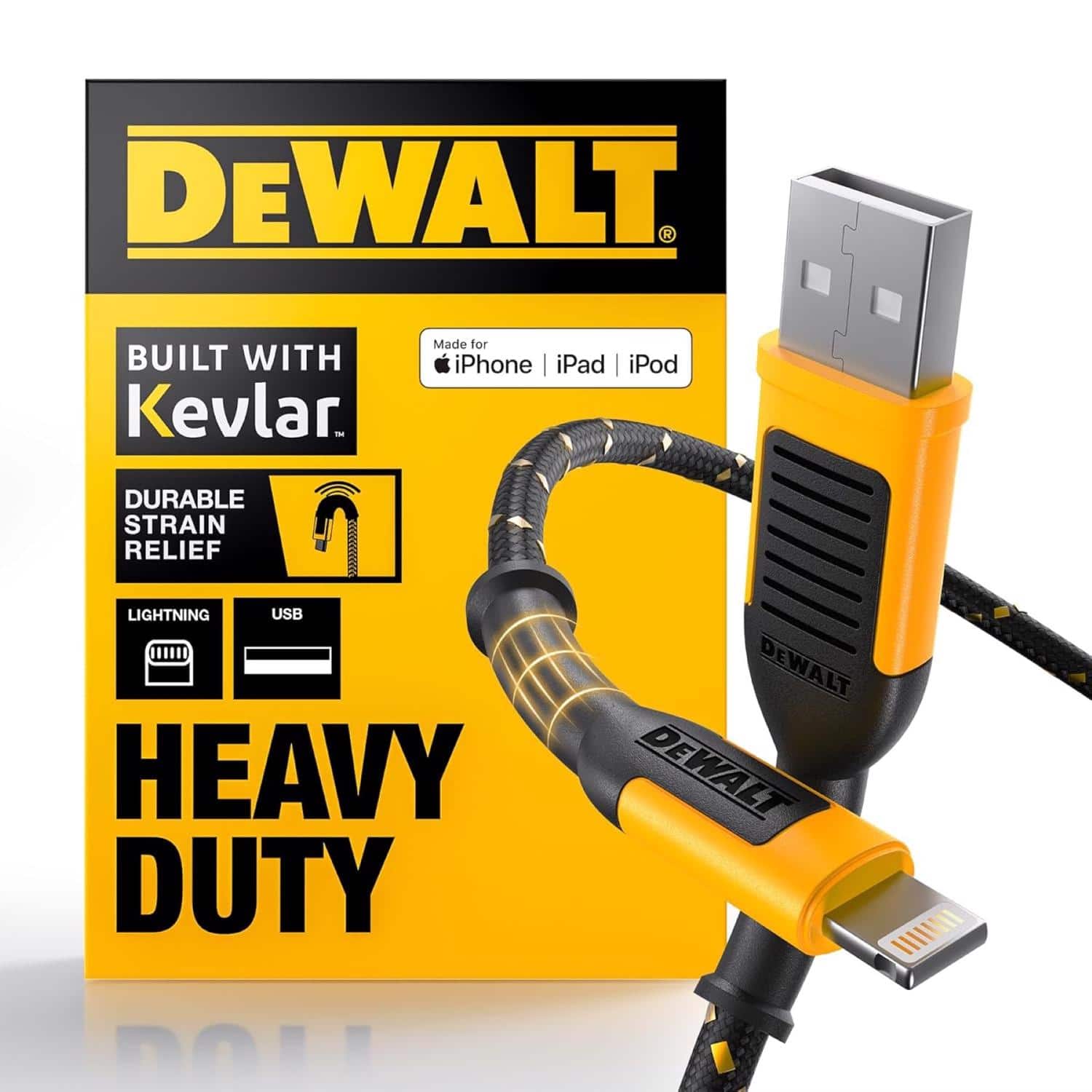 Dewalt - Lightning to USB Charge and Sync Cable 4 ft. Black/Yellow
