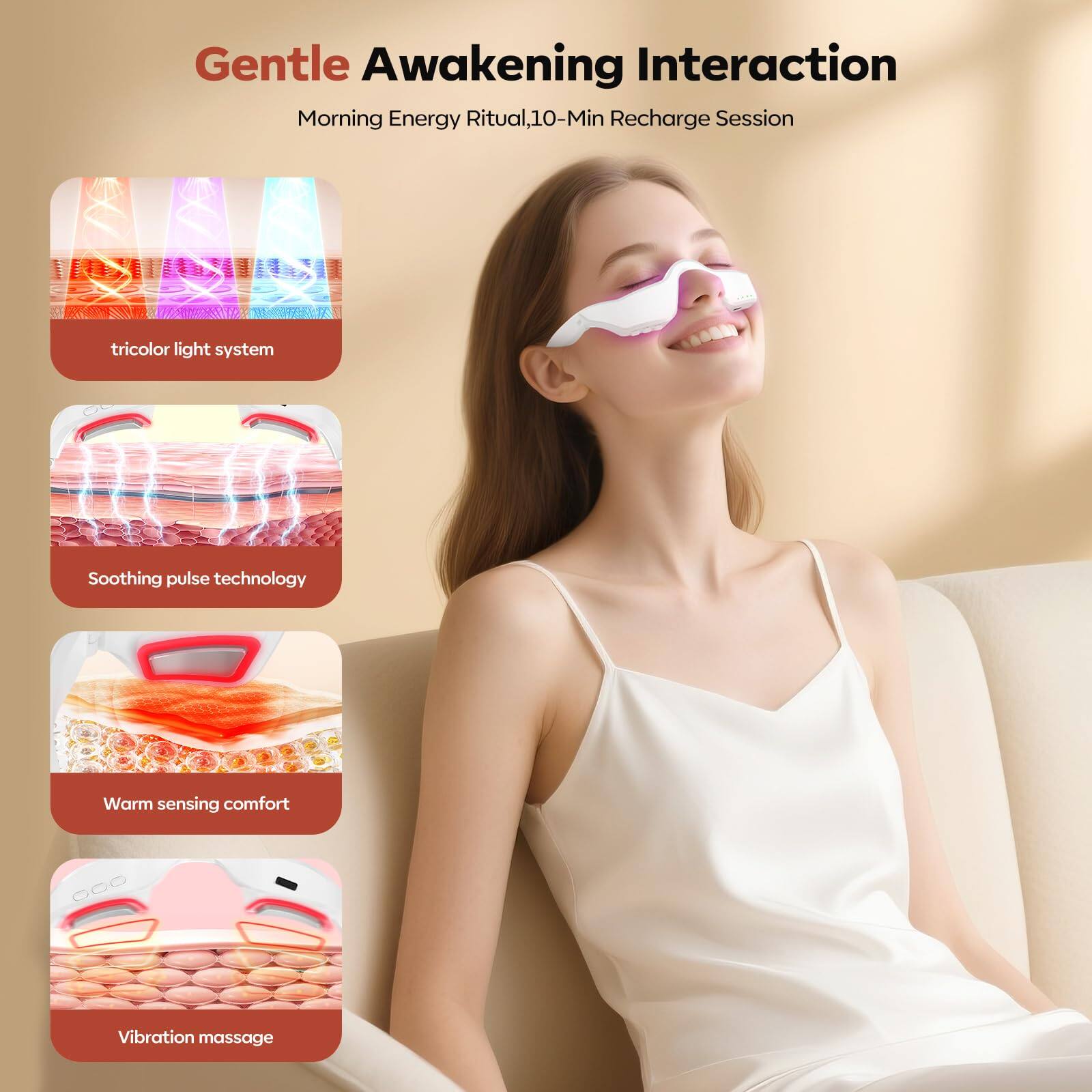 Gentle Awakening Interaction  
Morning Energy Ritual, 10-Min Recharge Session  

- tricolor light system  
- Soothing pulse technology  
- Warm sensing comfort  
- Vibration massage