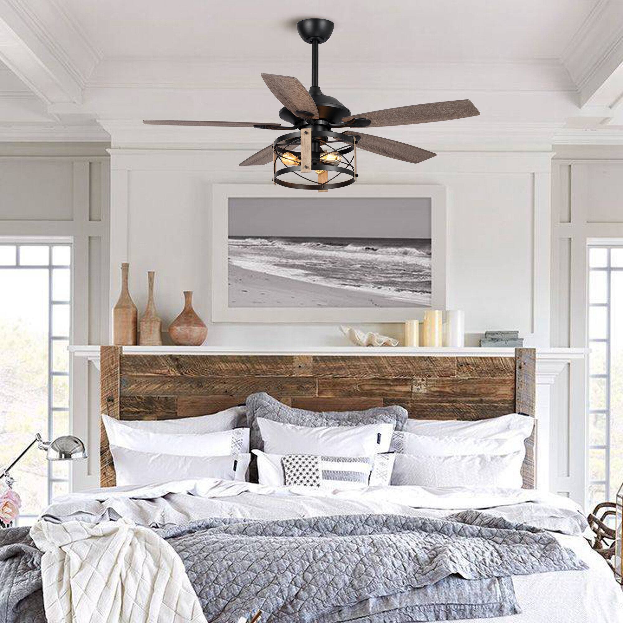 Back. Parrot Uncle - 52" Walnut Wood 5-Blade Industrial Indoor Ceiling Fan Chandelier with Remote - Black.