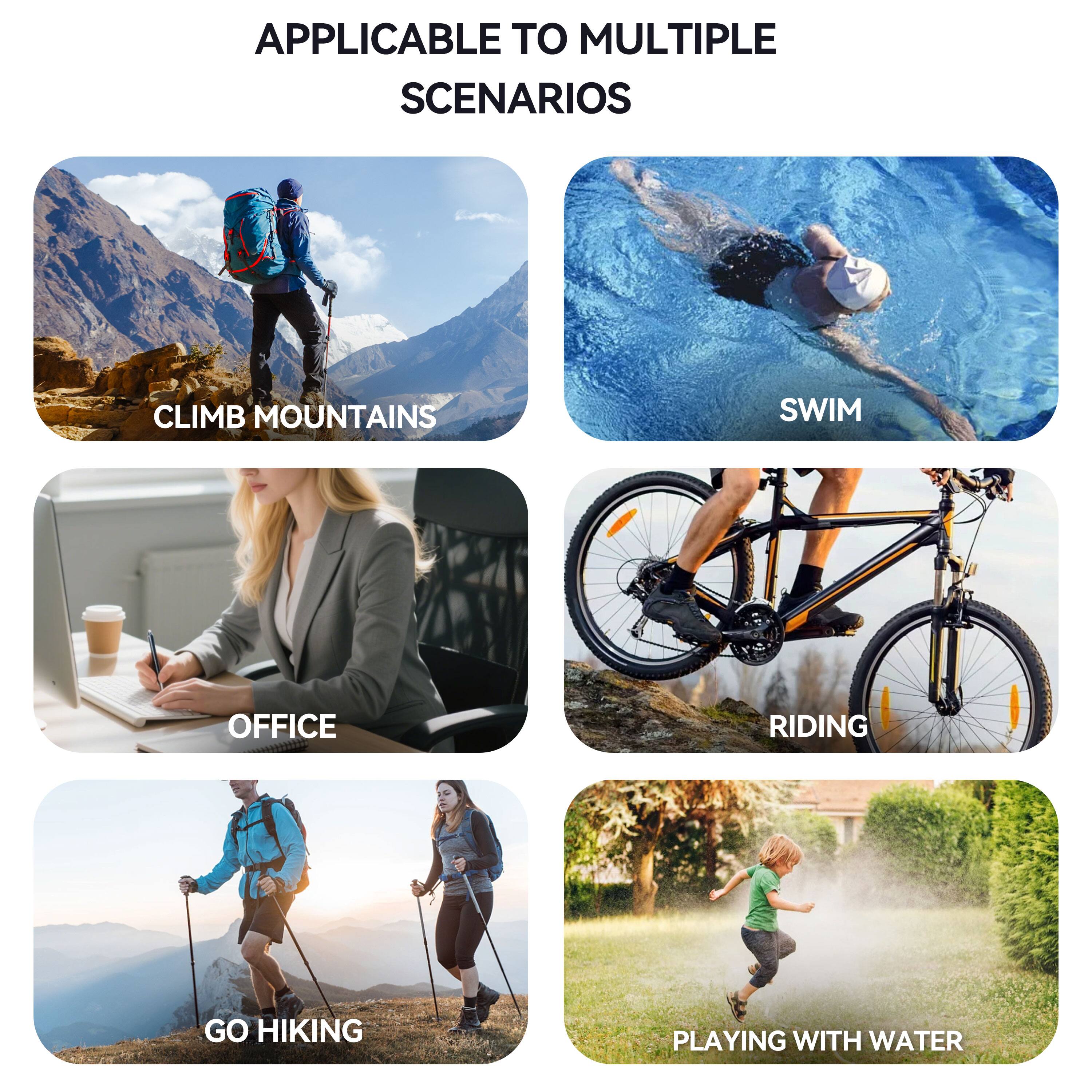 APPLICABLE TO MULTIPLE SCENARIOS

- CLIMB MOUNTAINS
- SWIM
- OFFICE
- RIDING
- GO HIKING
- PLAYING WITH WATER