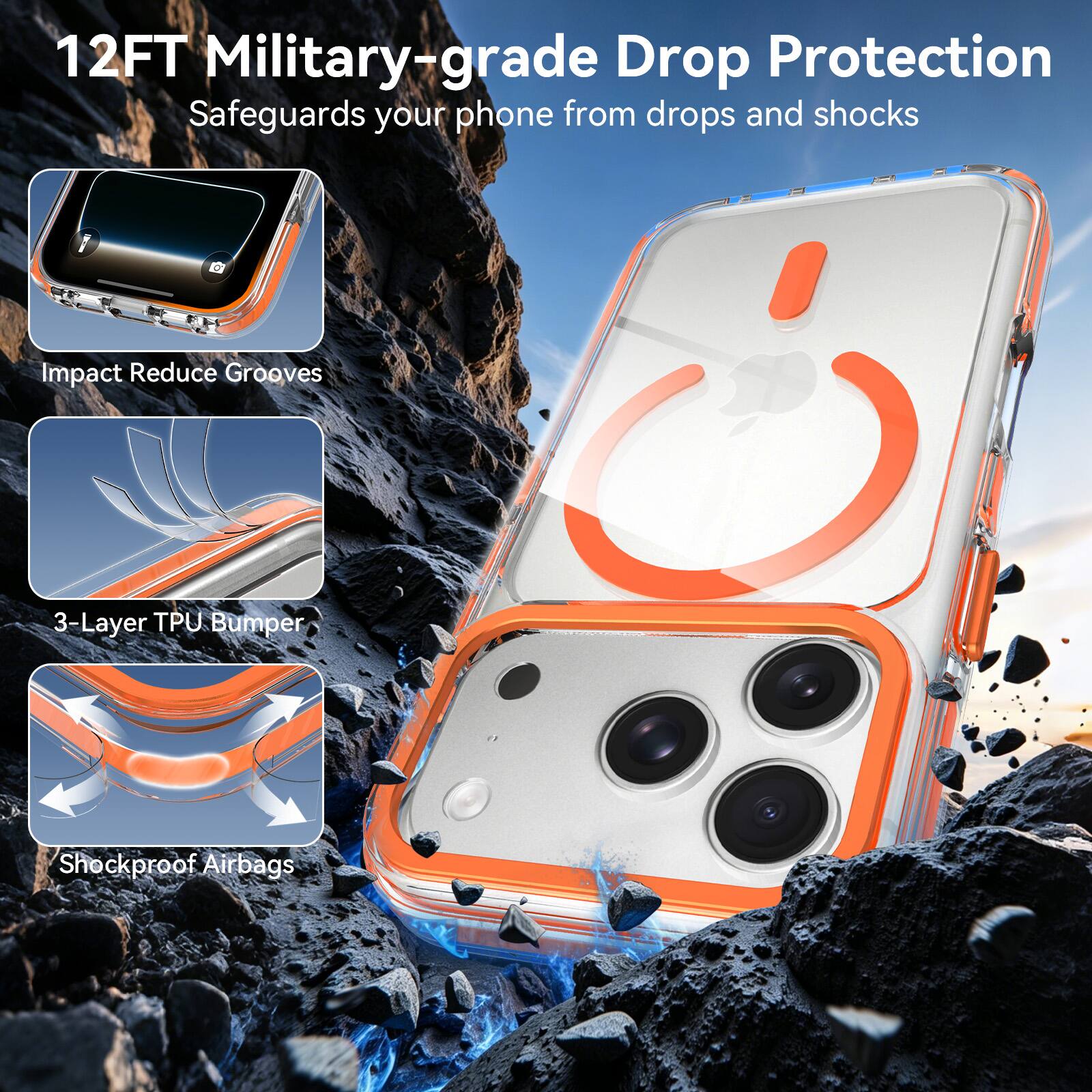 12FT Military-grade Drop Protection  
Safeguards your phone from drops and shocks  

Impact Reduce Grooves  
3-Layer TPU Bumper  
Shockproof Airbags
