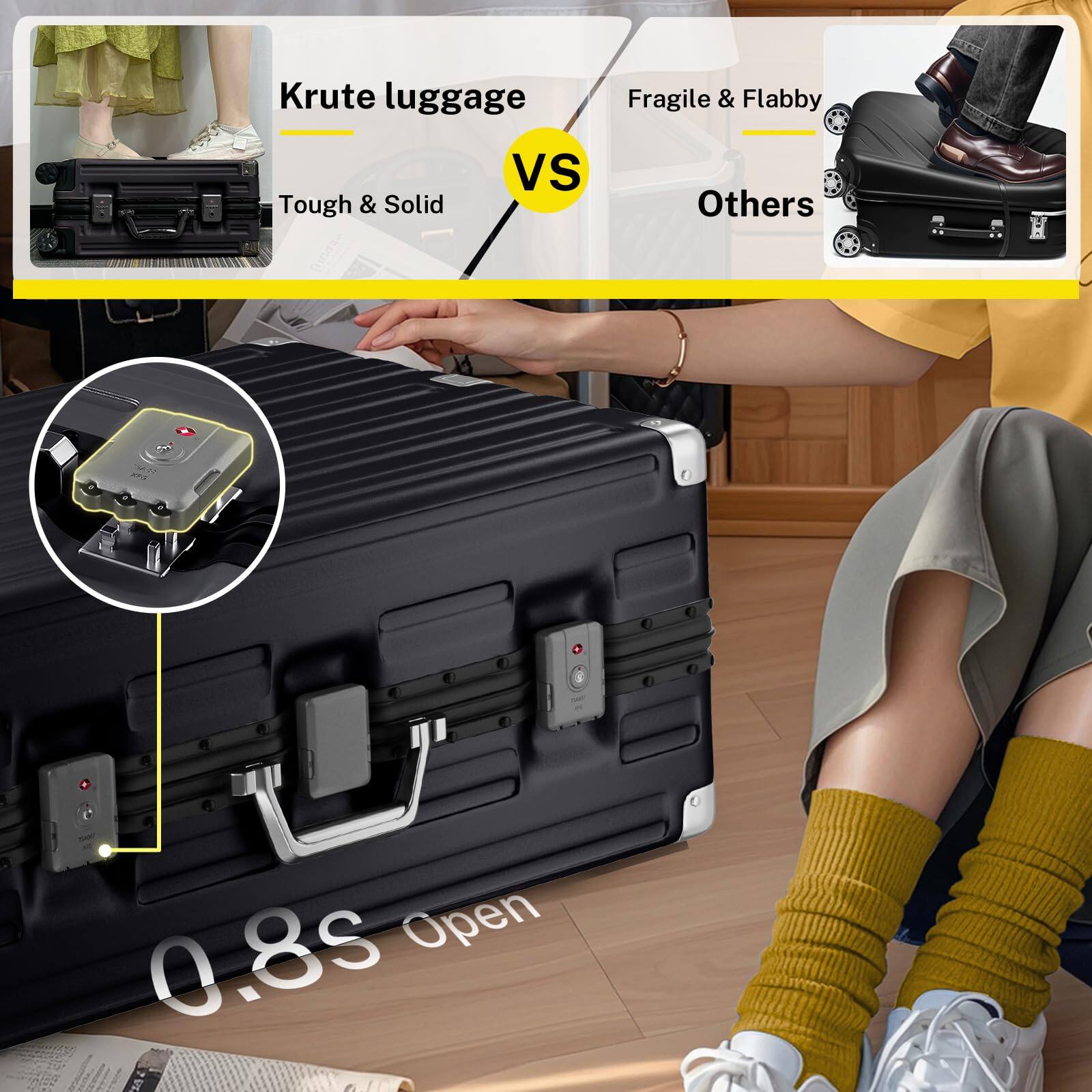 Krute luggage  
Tough & Solid vs Others  
Fragile & Flabby  

0.8s Open